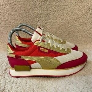 Puma Future Rider Kids 4C Sneakers Red Gold White Low Top Trainers 384752-01